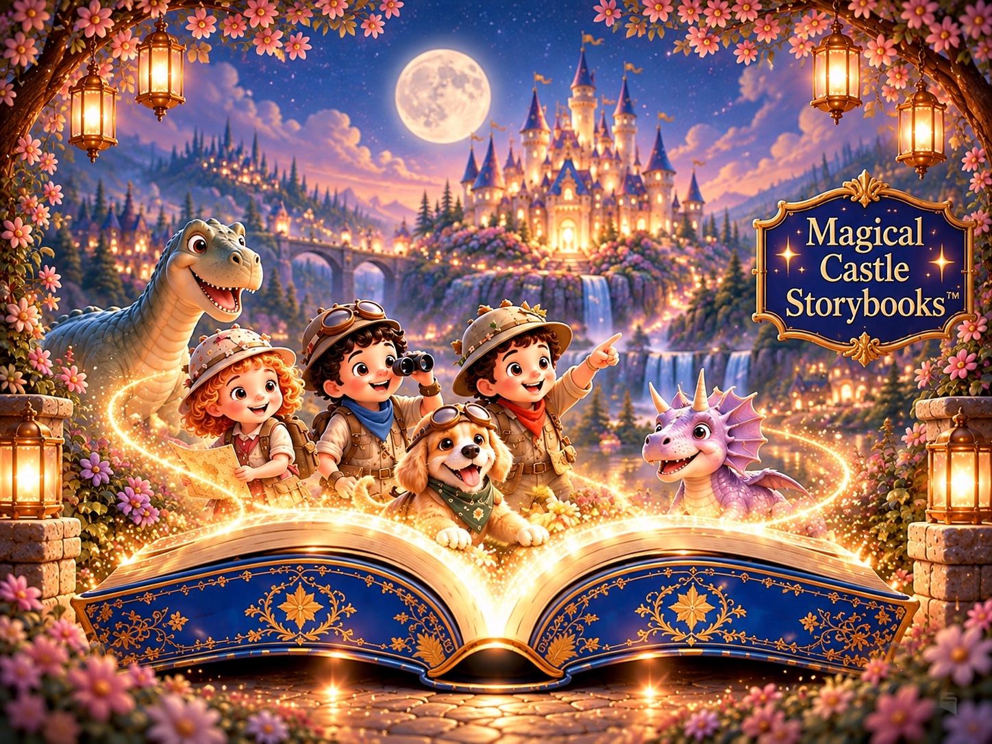 Glowing open Magical Castle Storybooks book with a castle, story characters, and a readable Magical Castle Storybooks sign