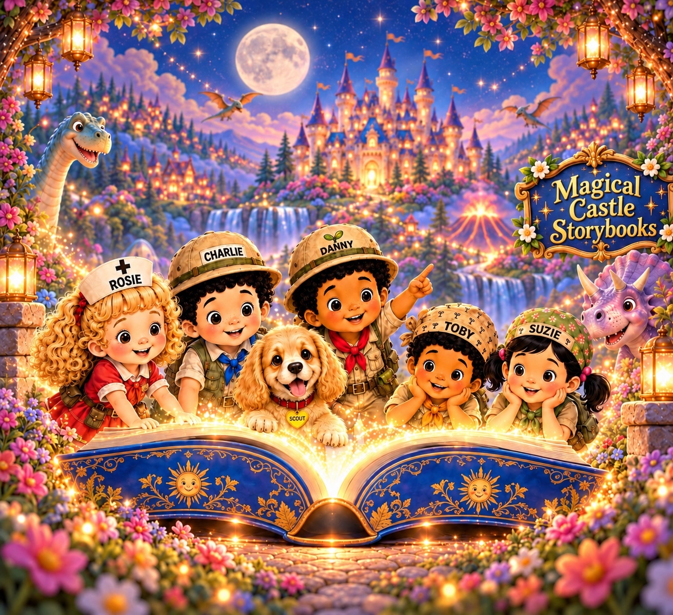 Magical Castle Storybooks illustration with an open storybook and castle